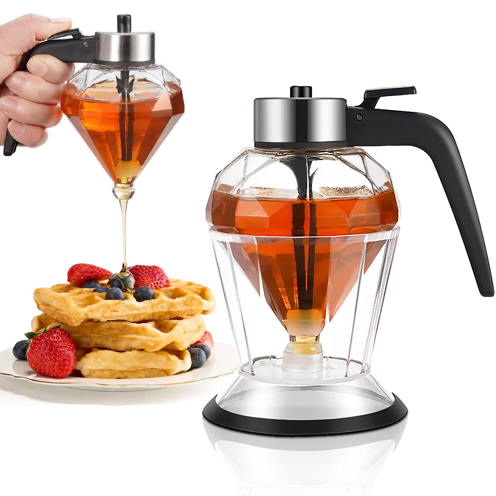 No-Drip Glass Honey Dispenser with Plastic Stand - Diamond Shaped Honey Stand and Syrup Dispenser - Bee Decorative Honey Storage Jar, Glass Syrup Disp