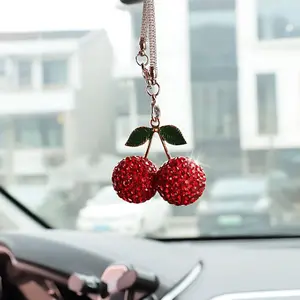 Bling Cherry Car Rear View Mirror Charm, Sparkly Rhinestones Automotive Decoration Pendant, Cute Vehicle Interior Hanging Ornament, Lucky Present for Women, Girl (Red)