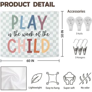 Playroom Tapestry, Play Room Decor, Play Is the Work of the Child Green Checkered Wall Tapestry Backdrop for Cotton-Polyester Blend Kids Room  Playroom Decoration, 50x60 Inch