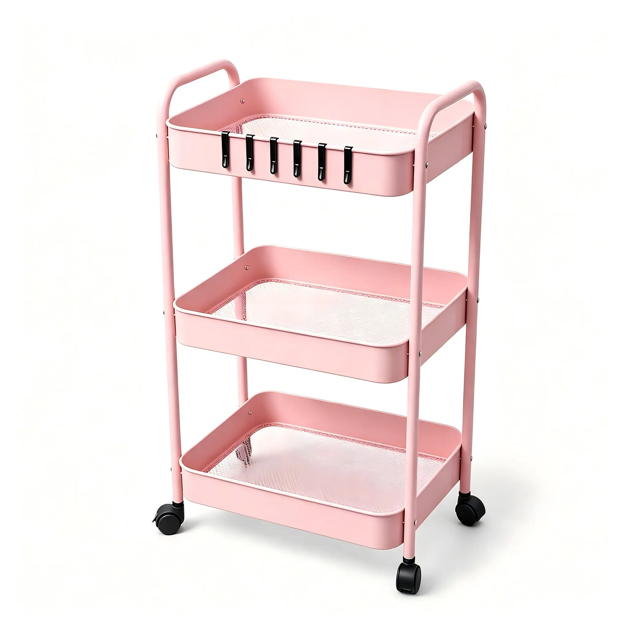 Pastel Pink 3-Tier Lightweight Metal Rolling Cart with Lockable Wheels - Vanity & Kitchen Organizer for Small Spaces, Accessory Storage Rack, Beauty Products Holder, Decor Organizer for Home/Office