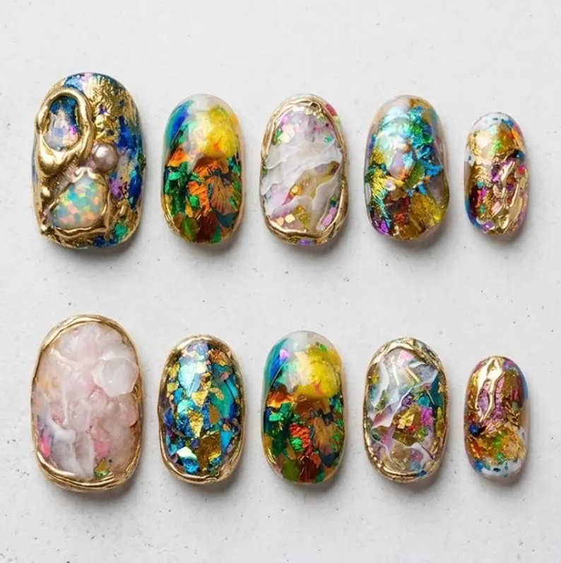 Gold Foil Jewel Toned Press On Nails 3D Textured Opal And Abalone Shell Fake Nails Luxury Hand Painted Emerald