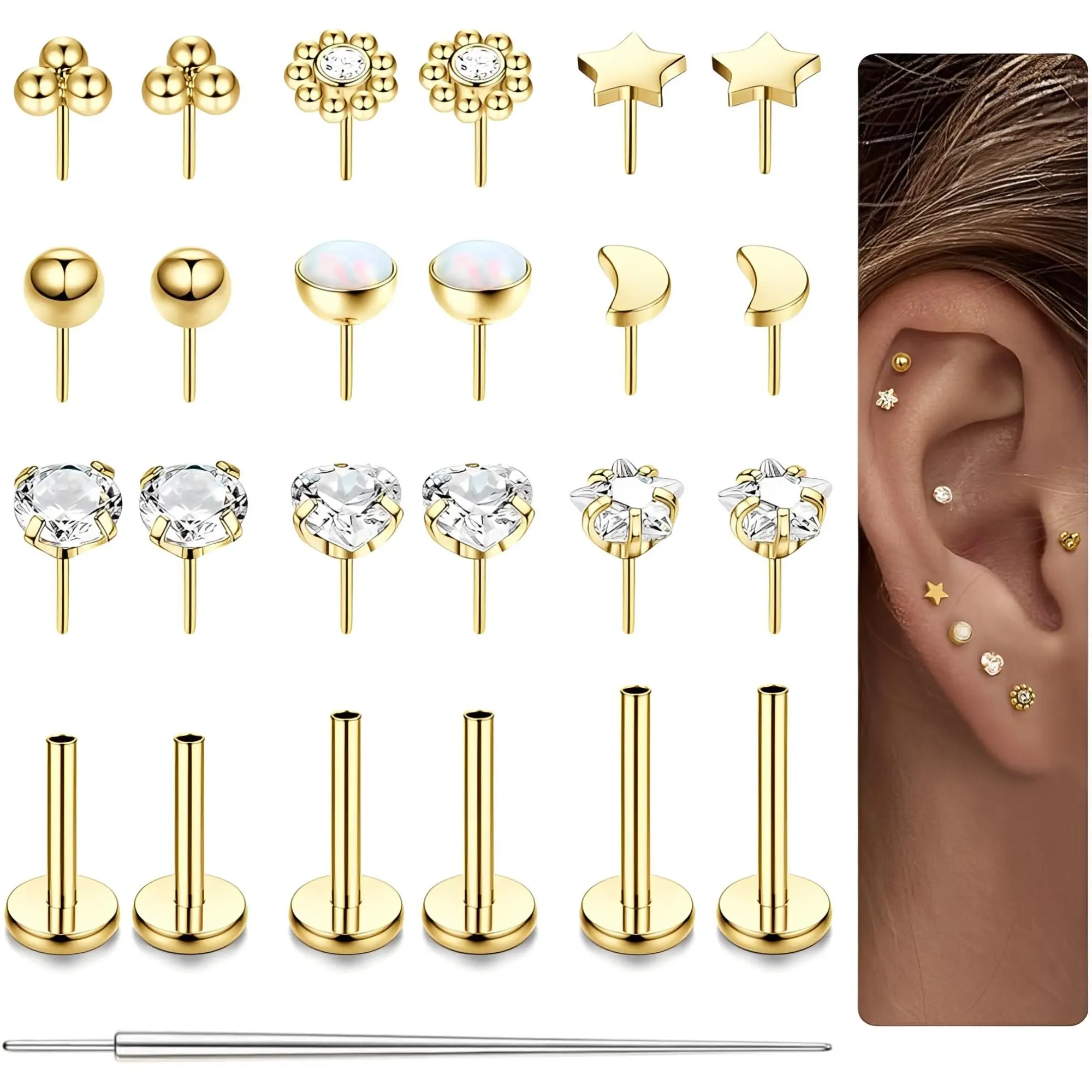 CASSIECA Dainty Geometric 316L Surgical Steel Body Jewelry Set - 20G/18G/16G Threadless Studs, Ring, Push-In Flat Back CZ Earrings for Nose Piercings, Lip Labret, Cartilage