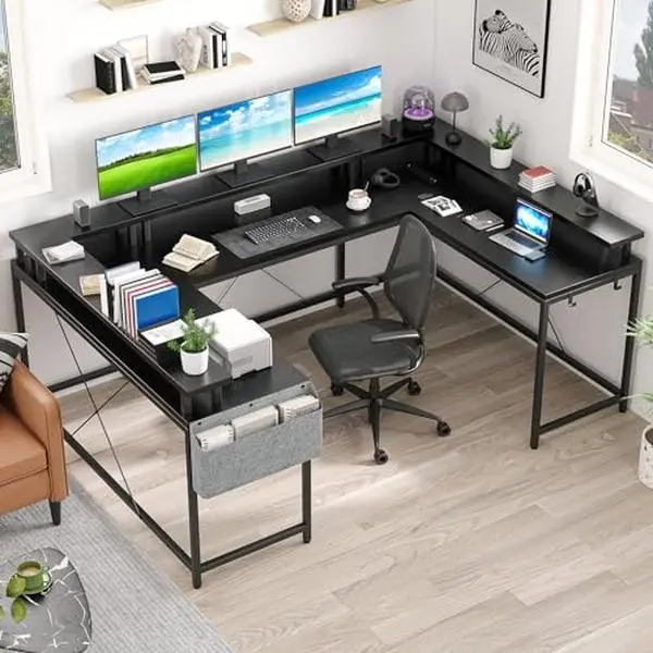 【Christmas Deal】GARVEE U Shaped Desk, 79 Inch Large Corner Office Desk with Monitor Stands, Reversible L Shaped Computer Gaming Desk with Power Outlets & LED Lights,U Shaped Gaming Desk (Black)
