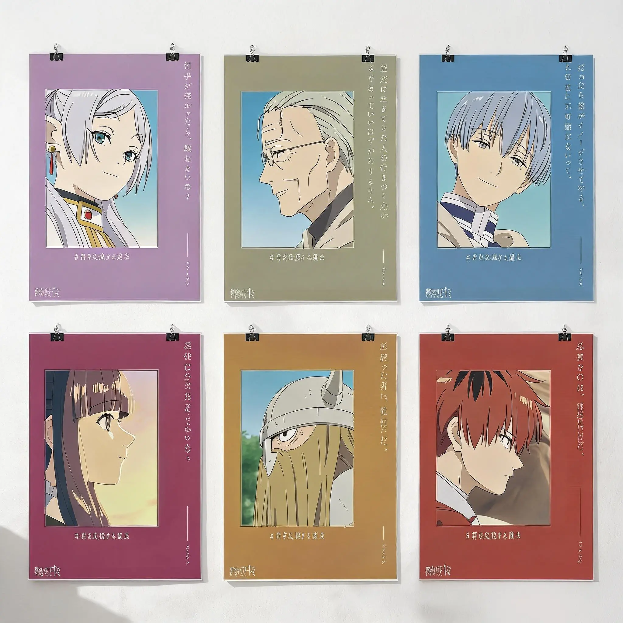 Frieren: Beyond Journey's End Stylish Minimalist Portrait Poster Set, Featuring Frieren Heiter Himmel Fern Eisen Stark, Muted Vintage Color Frames, Classic Japanese Text Layout, for Anime Bedroom Decor