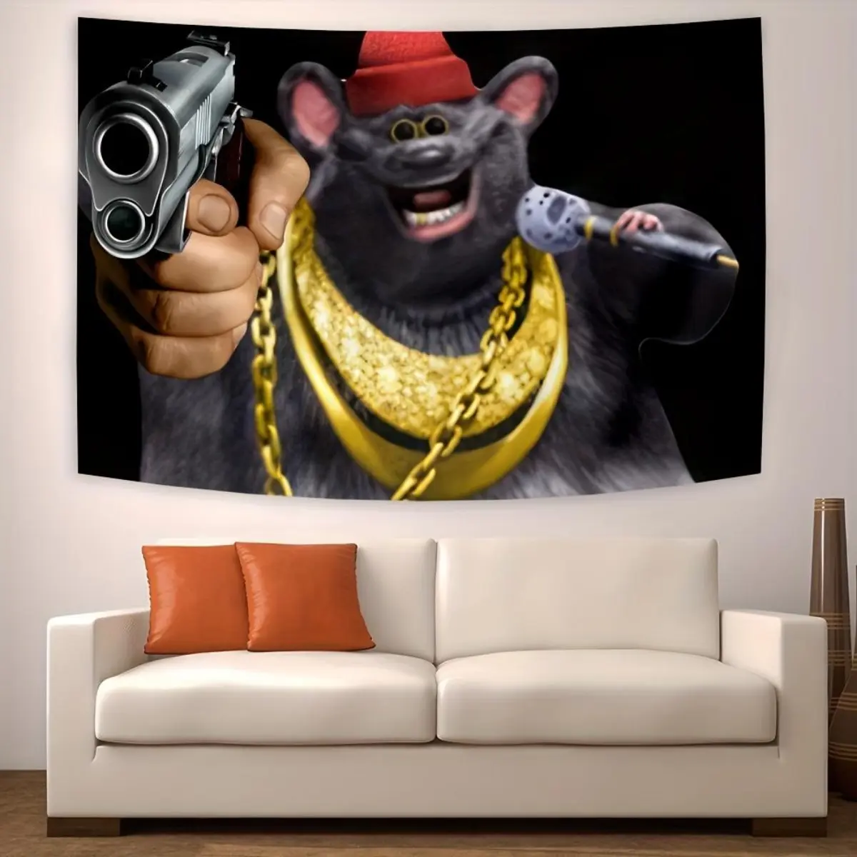 Biggie Cheese Meme Cartoon Rat Tapestry -  Anime Animal Theme Wall Hanging Decor for Classroom, Indoor Polyester Woven Fabric Poster with Striped Pattern, No Electricity Needed Print Dorm Decoration Items Bedroom Design Home