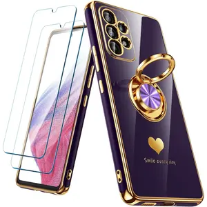 for  Galaxy A53 5G Case with 2 Pack Screen Protector, 360? Rotatable Ring Holder [Luxury Hearts Pattern]   Edge Slim Soft Phone Cover Case for Galaxy A53 - Purple