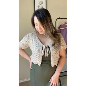 Lacie Crochet Knit Tie-Front Cardigan - Beige