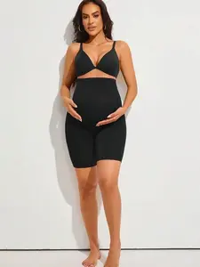 Maternity Shorts With High Waist And Expandable Abdominal Support Panel Christmas Edition Beige Plants Pattern Casual Comfy Nursing Underwear