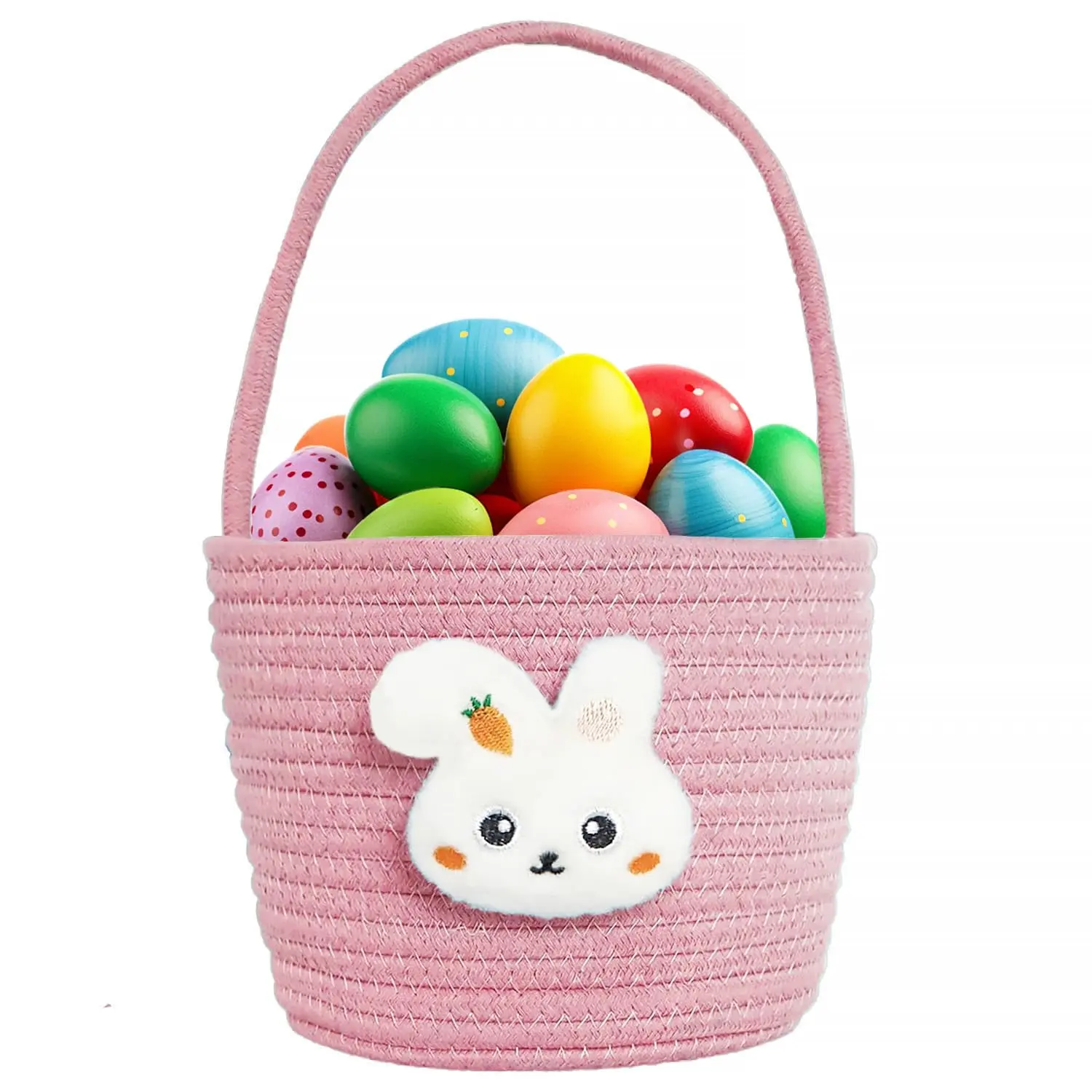 Children's Easter basket, Easter bunny basket with gift bag and ribbon, woven cotton rope egg-shaped Easter basket, suitable for girls and boys, pink.