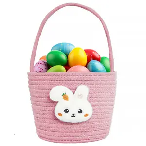 Children's Easter basket, Easter bunny basket with gift bag and ribbon, woven cotton rope egg-shaped Easter basket, suitable for girls and boys, pink.