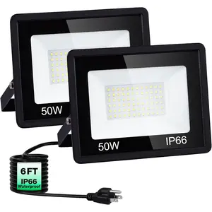 50W LED Flood Light, 6000LM Outdoor Security Lights IP66 Waterproof 6500K Daylight White Plug in Outside Lights for Yard Garage Lawn Garden Backyard Patio Parking Lot with 6FT Cord, 2 Pack