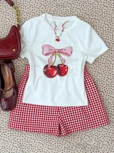 Women's Cherry Print Bow Top + Plaid Short Pants Set, Y2K Cute Chic Style Two-Piece, Casual Summer, Perfect for Picnics, Womenswear