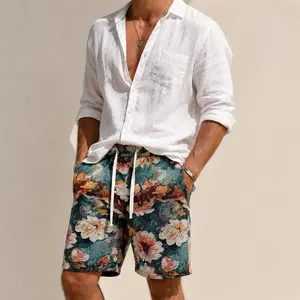 Menswear Men’s Vintage Tapestry Floral Shorts, Elastic Waist, Casual Summer Vacation Shorts