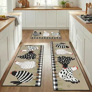 Rooster Beige Kitchen Rugs Sets of 3, Non Slip Washable Farmhouse Kitchen Mats for Floor, Chicken Rustic Area Runner Rug for Laundry Room and Hallway