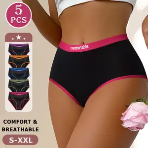 5 pcs women's briefs - with contrasting side and waistband trims, high elasticity, full coverage of the hips, tummy control, comfort and breathability - office use, postpartum recovery, exercise and fitness, and holiday gifts (Christmas/Halloween)