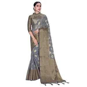 Sarees for Women Indian Bollywood Organza Silk Saree Woven Sari & Unstitched Blouse ELINA FASHION