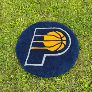Custom Tufted Rug 25” x 25” - Navy Blue with Gold Basketball Design Sports Area Rug