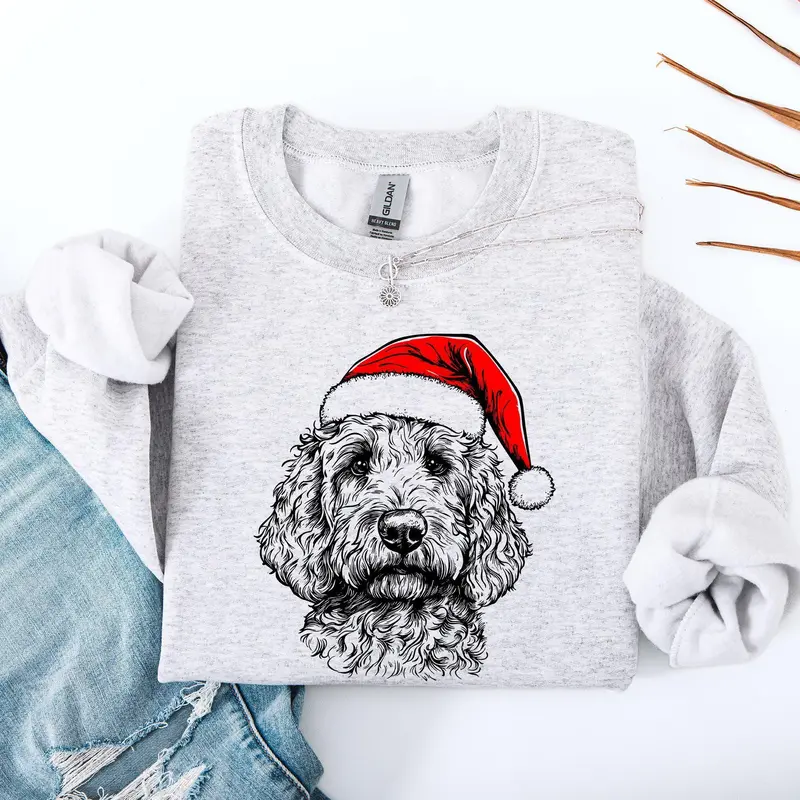 Goldendoodle Santa Christmas Dog Lover Festive Holiday Pet Portrait Collection Sweatshirt, Crew Neck, Women's, Crewneck