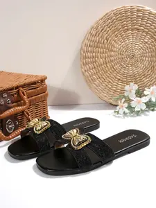 Summer Women's Bow Flat Sandals, with Rhinestones, Square Toe Design, Breathable and Lightweight, Beach and Daily Wear