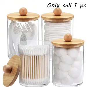 New cosmetic storage box with lid, bamboo lid container for dispensing cotton swabs, cotton pads, dental floss, etc., transparent plastic dispenser set, bathroom/kitchen countertop organizer, Mother's Day gift.