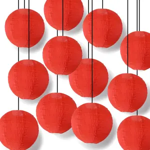 BULK PACK (12) 24 Inch Red Shimmering Nylon Lantern, Parallel Ribbing, Durable, Hanging