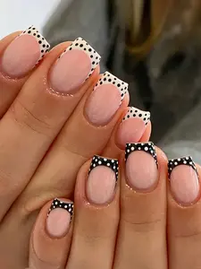 24pcs Press-On Nails Set | Short Square Pink & Black Polka Dot French Nails