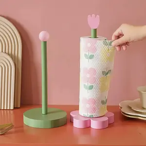 Freestanding Paper Towel Holder from Natural Wood with Floral Pattern - Includes Drill-Free Adhesive