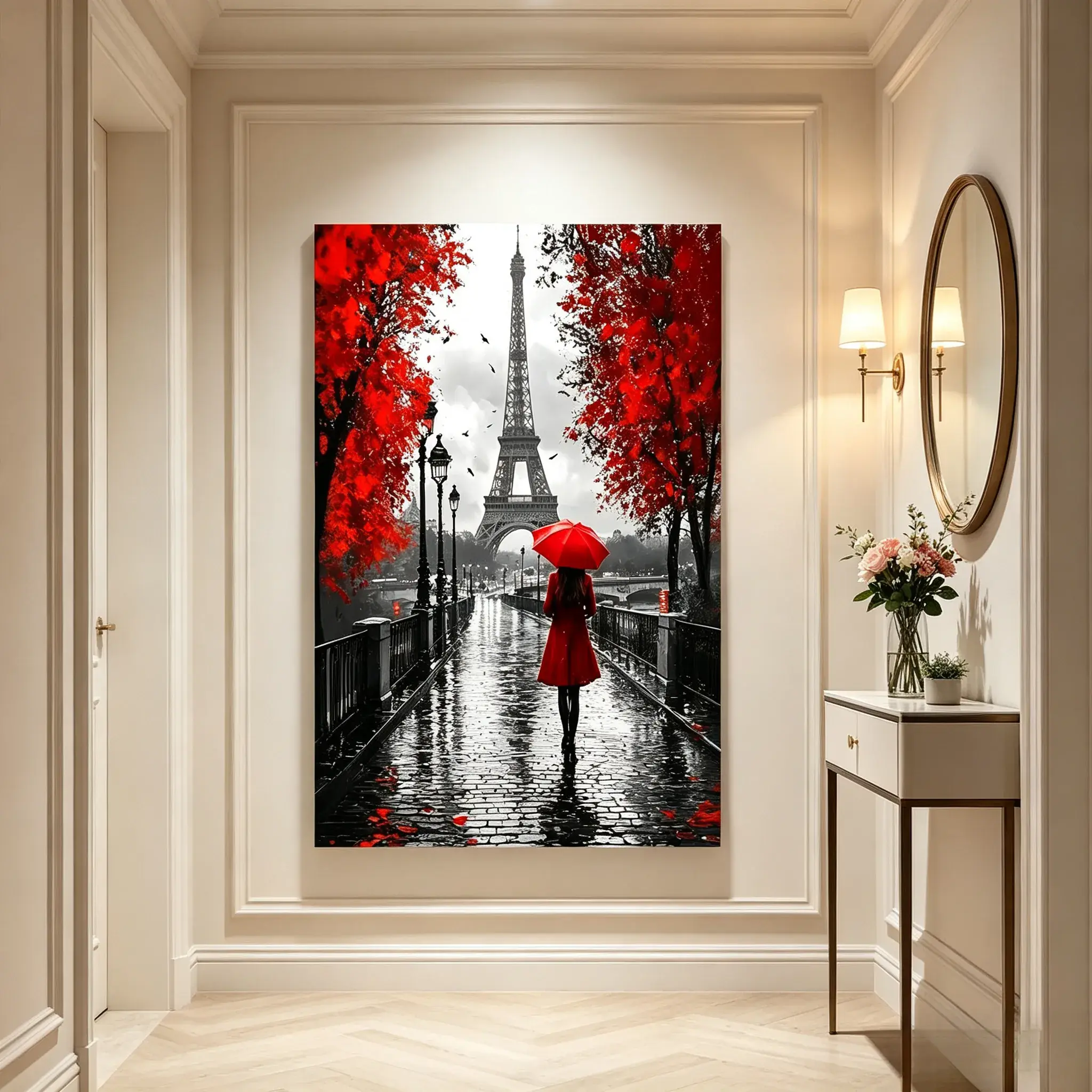 Paris Eiffel Tower Canvas Wall Art, Woman With Red Umbrella Red Autumn Leaves Black White Background Oil Painting, Romantic Paris Cityscape Canvas Decor Bedroom Living Room Gift