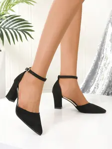 Summer Pointed Toe High Heel Shoes for Women, Strap Mid-Calf Chunky Heels, Office Commute Versatile Single Shoe