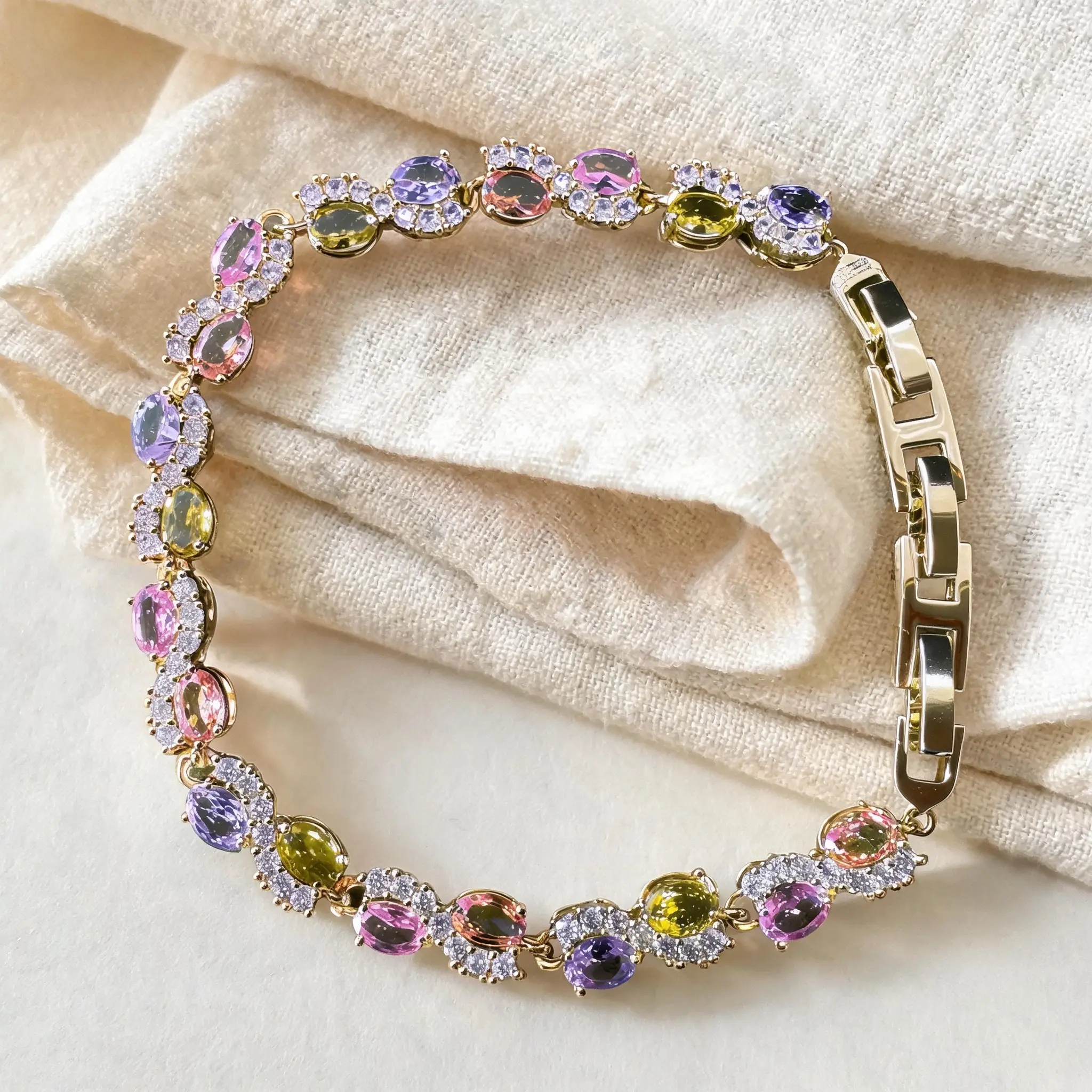 Women Vibrant Mixed Oval Zircon Tennis Bracelet I Luxe 14K Gold Plated Jewelry I Brilliant Multicolor Crystal Link Bracelet for Ladies, Secure Snap Clasp, Versatile, Special Occasion