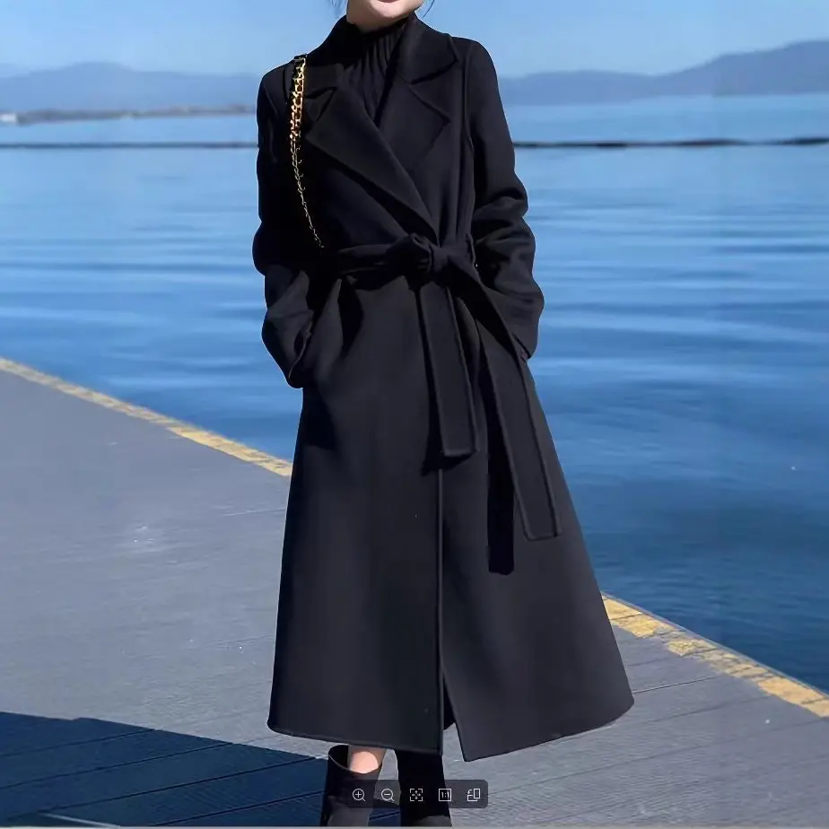 Qianlai2025 Autumn Winter New Double-Sided Cashmere Coat for Women, Extra Long Over-the-Knee Tall Woolen Coat, Wool Double-Sided Coat