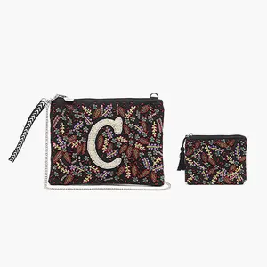 America & Beyond C Initial Embellished Pouch with Coin Bag Hand Beaded Floral Design Fall Colors Wristlet Strap 10.5" x 7.5" Gift Set