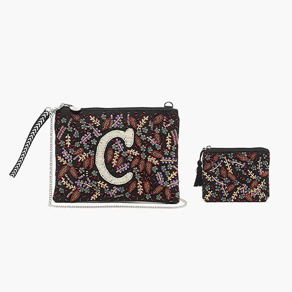 America & Beyond C Initial Embellished Pouch with Coin Bag Hand Beaded Floral Design Fall Colors Wristlet Strap 10.5" x 7.5" Gift Set