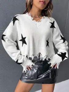 Women's V-Neck Long Sleeve Sweater, Colorblock Star Pattern Design, Loose Fit Knitwear for Fall & Winter, Stylish Aesthetic Casual Pullover Top