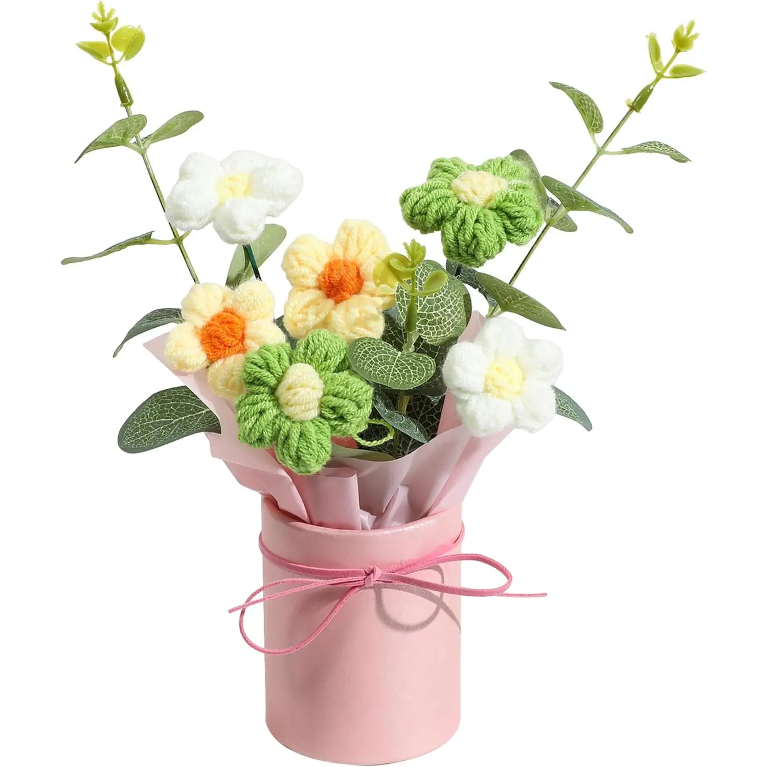 Handmade Yellow Crochet Daisy Bouquet with Card & Basket - Photorealism Artificial Floral Arrangement Centerpiece, 1 Count Dry Flowers Decor for Wedding, Bedroom Home Decor, Women's Anniversary Gift