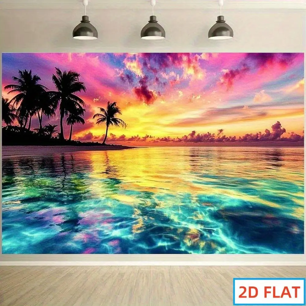1PC,2D Flat Dreamy Tropical Beach Sunset Backdrop, Festival Party Event Decoration Photography Background, Colorful Coconut Grove Seaview Scene Setting Backdrop, Birthday Party Celebration Shooting Back, Banners, Party Decor,summerwins