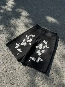 Vintage Washed Jean Six-Quarter Pants, Floral Embroidery Back, Wide Leg Y2K Streetwear Shorts, Loose-Fitting Jeans