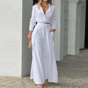 Women's Fashion Basic 2-Piece Cotton Comfortable Loose-Fit Wide-Leg Pants & Long Sleeve Top Set with Pockets - European-American Style, Casual Everyday New Arrivals