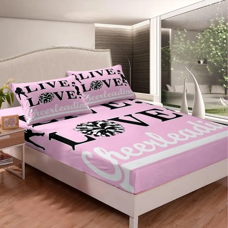 Feelyou Twin Size Cheer Fitted Bed Sheet Sets - 2Pcs Decorative Bedding Set with 1 Pillowcase, Deep Pocket, Bright Colorful Graphics, Pink Cheerleading Sports Room Decor