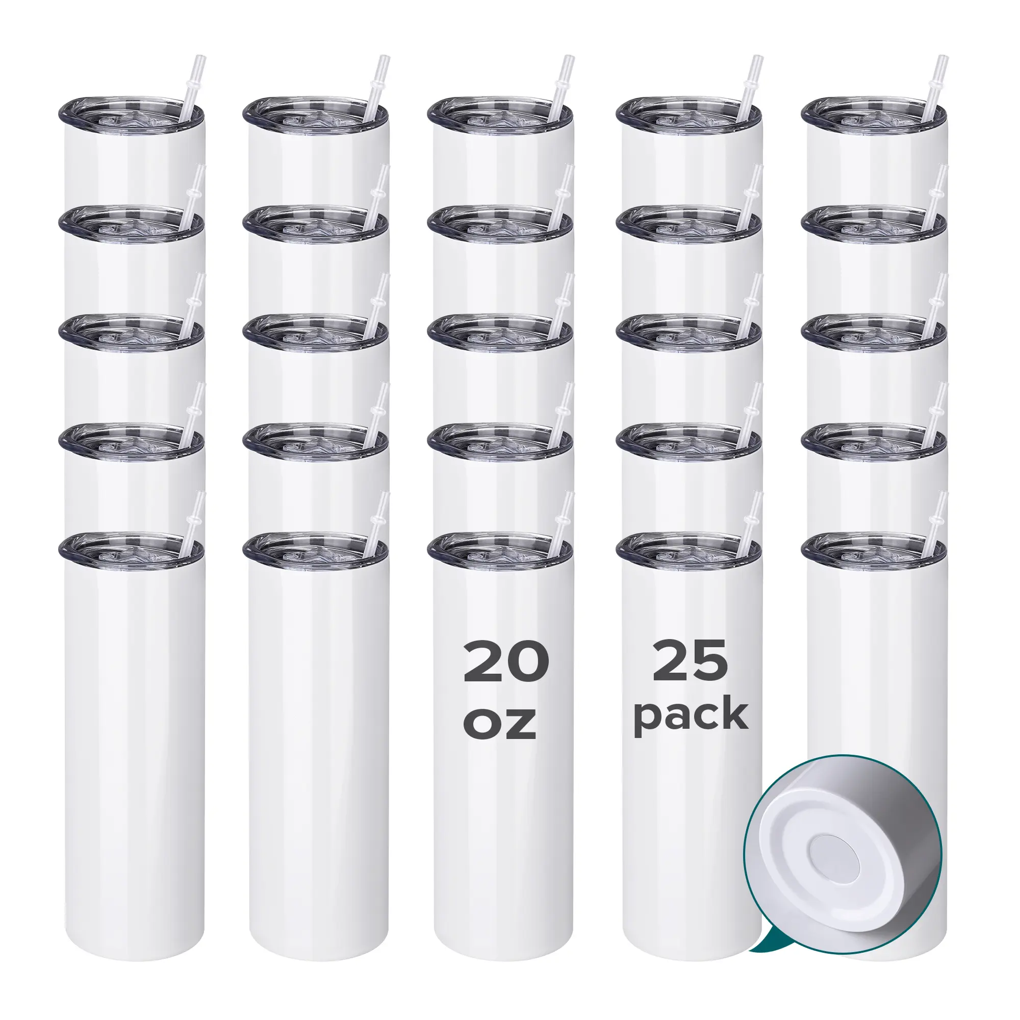 FASTSUB 20 oz Edge Skinny Sublimation Tumblers Bulk 25-Pack - Stainless Steel Double Wall Insulated BPA and Lead Free Drinkware with Lid, Straw, Flat Edge Base, No Logo for Tumbler Press Machine (Complete Set)