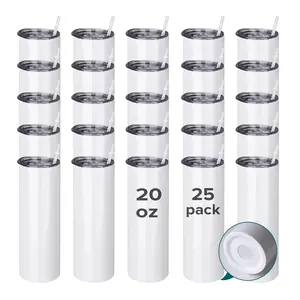 FASTSUB 20 oz Sublimation Edge Skinny Tumblers Bulk 25 Pack, Stainless Steel Insulated Blanks with Lid and Straw for Tumbler Press Machine