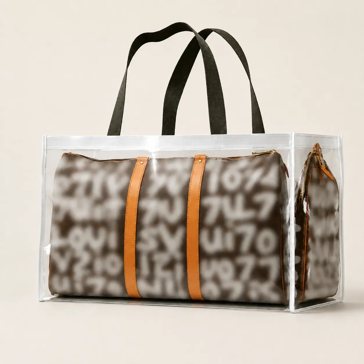 2026 Viral Influencer Style Graffiti Print Woven Shopping Tote Bag, Oversized Shoulder Duffel with Brown Trim & Matching Brown Handles