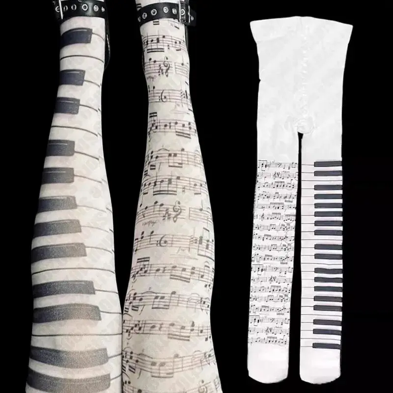 Y2K Music Note Print Tights Women Sexy Piano Stockings Female Black White Thigh Highs Ultra Thin Sheer Pantyhose Gothic Socks