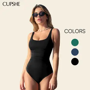 CUPSHE TikTokShopSpringGlowUp Square Neck Slim & Sculpt One-Piece Stylish Tummy Control Beachwear Back Cutout Retro Full Bum Coverage Swimwear Summer Swimsuit Swimming Bathing Suits