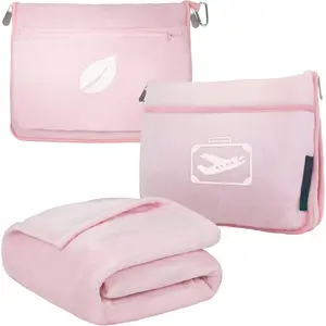 Travel Blanket Pillow in Soft Bag with Pockets, Airplane Blanket Set, Plane Blanket Compact Packable, Flight Essentials  Pillow, Travelers Accessories Gifts, Luggage Strap, Light