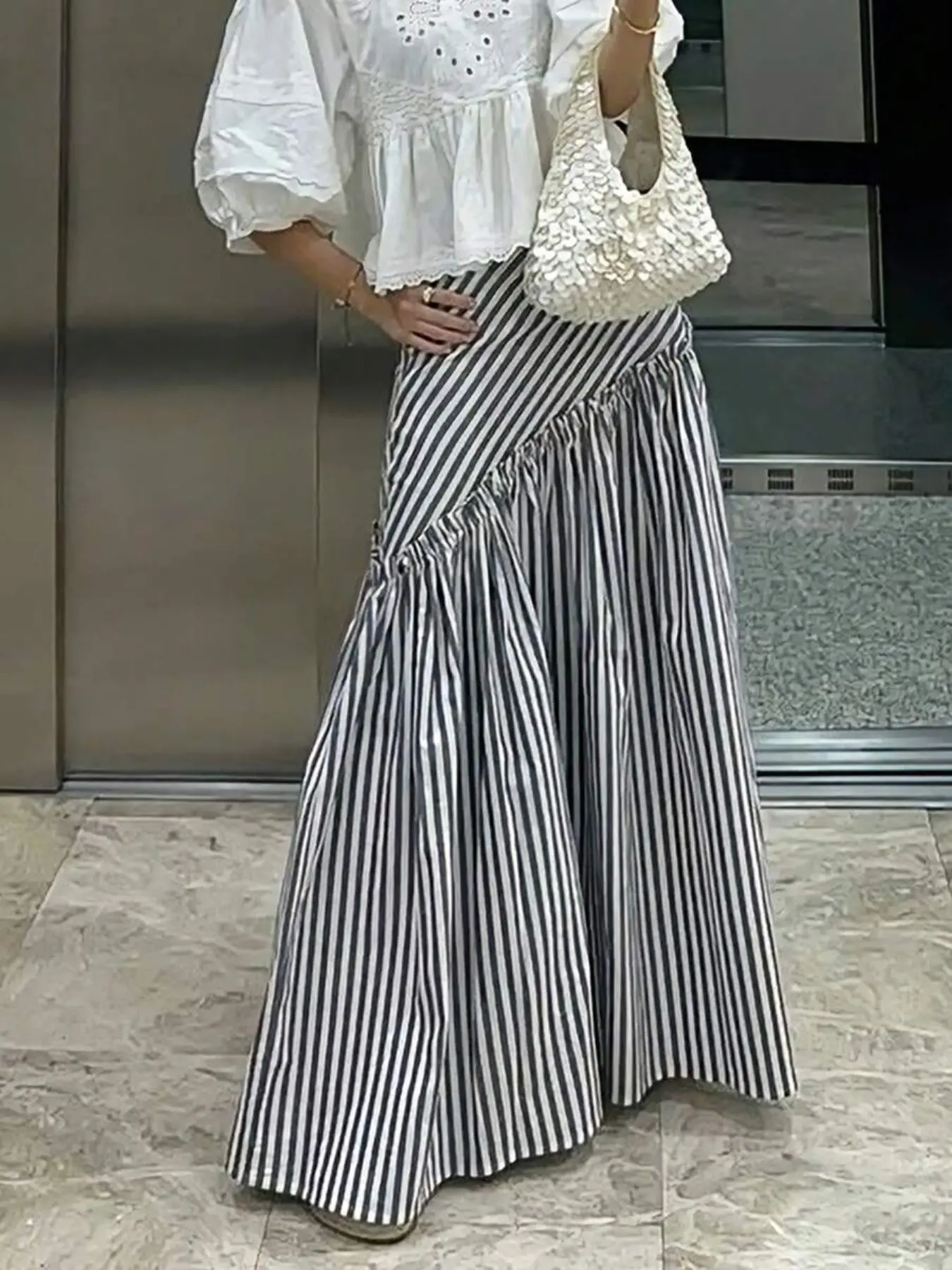 Women's Asymmetrical Patchwork Striped Plaid Midi Skirt, Long Dress with Ruffled Hem, Elegant Pleated Design, Perfect for Casual, Formal & Everyday Wear