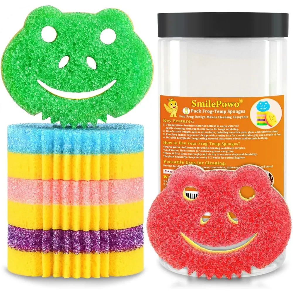 5-Pack Frog Dual-Sided Thermal Scrubber Sponge - Durable, Temperature-Controlled, Scratch-Resistant Kitchen Cleaning Supplies for Dishes, Glass, Bathroom Walls