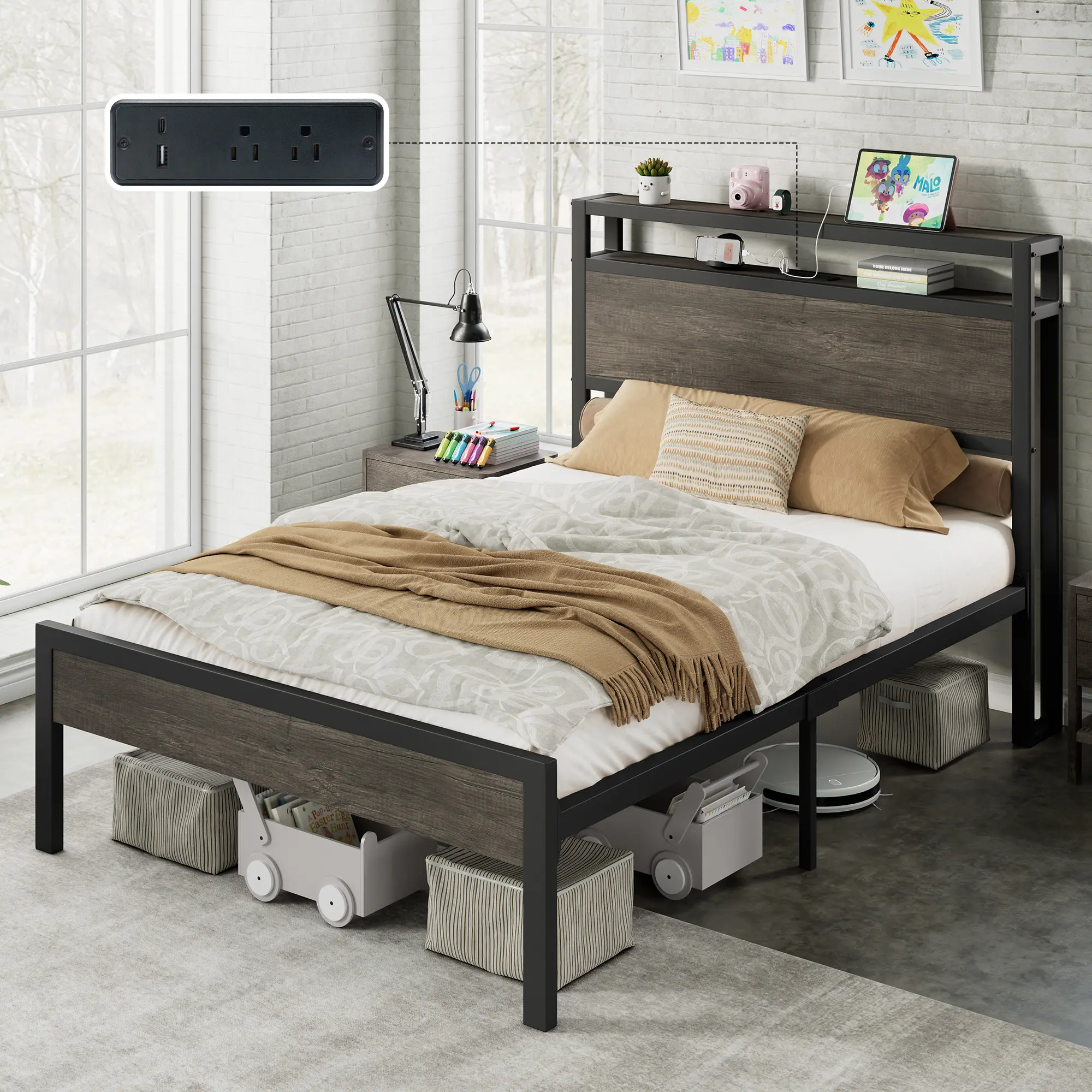 [SummerWins] [SummerFinds] ALBOTT Modern Bed Frame with Storage Headboard & Charging Station, Industrial Metal Platform Bed with Large Under-Bed Storage, Heavy Duty Slats, No Box Spring Needed
