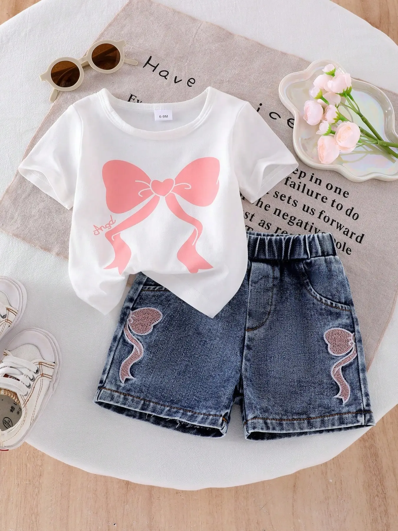 Baby Girl 2-Piece Set Cute Round Neck Short Sleeve Bow Print T