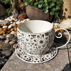 Bohemian Farmhouse Coffee Cup Planters - Metal Flower Pots with Decorative Handles, Lightweight yet Stable for Indoor/Outdoor, Succulents, Herbs, Perfect for Home, Office, Cafe, Housewarming Gift, Outdoor Decor, Floral Motif Design, Painted Finish
